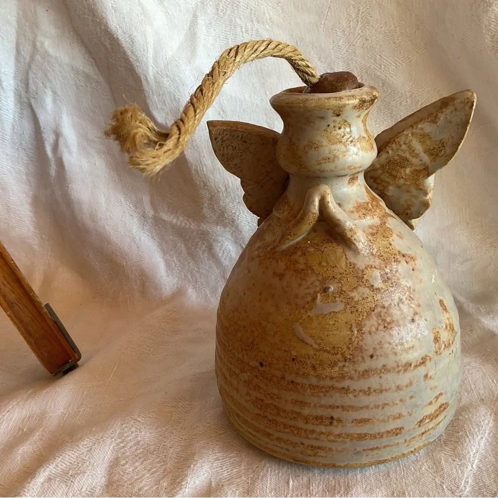 pottery angel oil lamp W/Original wick glazed in earthy brown tones Signed